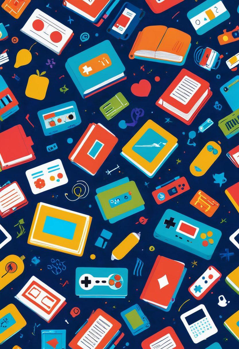 A vibrant collage depicting playful educational elements, such as floating books, game controllers, and engaging digital interfaces, intertwined with bright colors and whimsical designs. Include diverse students joyfully interacting with technology, showcasing a balance of fun and learning. The background should have icons representing various subjects, merging playfulness with academia. bright and colorful. vector art.