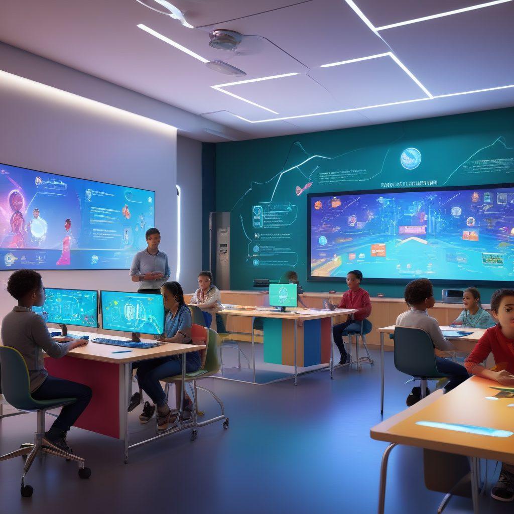 A futuristic classroom filled with diverse students engaged in interactive, gamified learning. Incorporate holographic screens displaying dynamic educational games and achievements. Show elements such as badges, leaderboards, and virtual reality headsets to illustrate gamification. Vibrant colors enhance excitement and engagement. 3D, super-realistic.