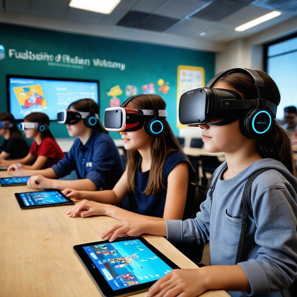 A dynamic classroom scene blending traditional education with gaming elements, featuring students engaged with virtual reality headsets, interactive screens displaying colorful game-like interfaces, and educational icons floating in the air. The environment should be vibrant and stimulating, illustrating a fusion of learning and play, with diverse characters representing different ages and backgrounds immersed in digital experiences. super-realistic. vibrant colors. modern style.